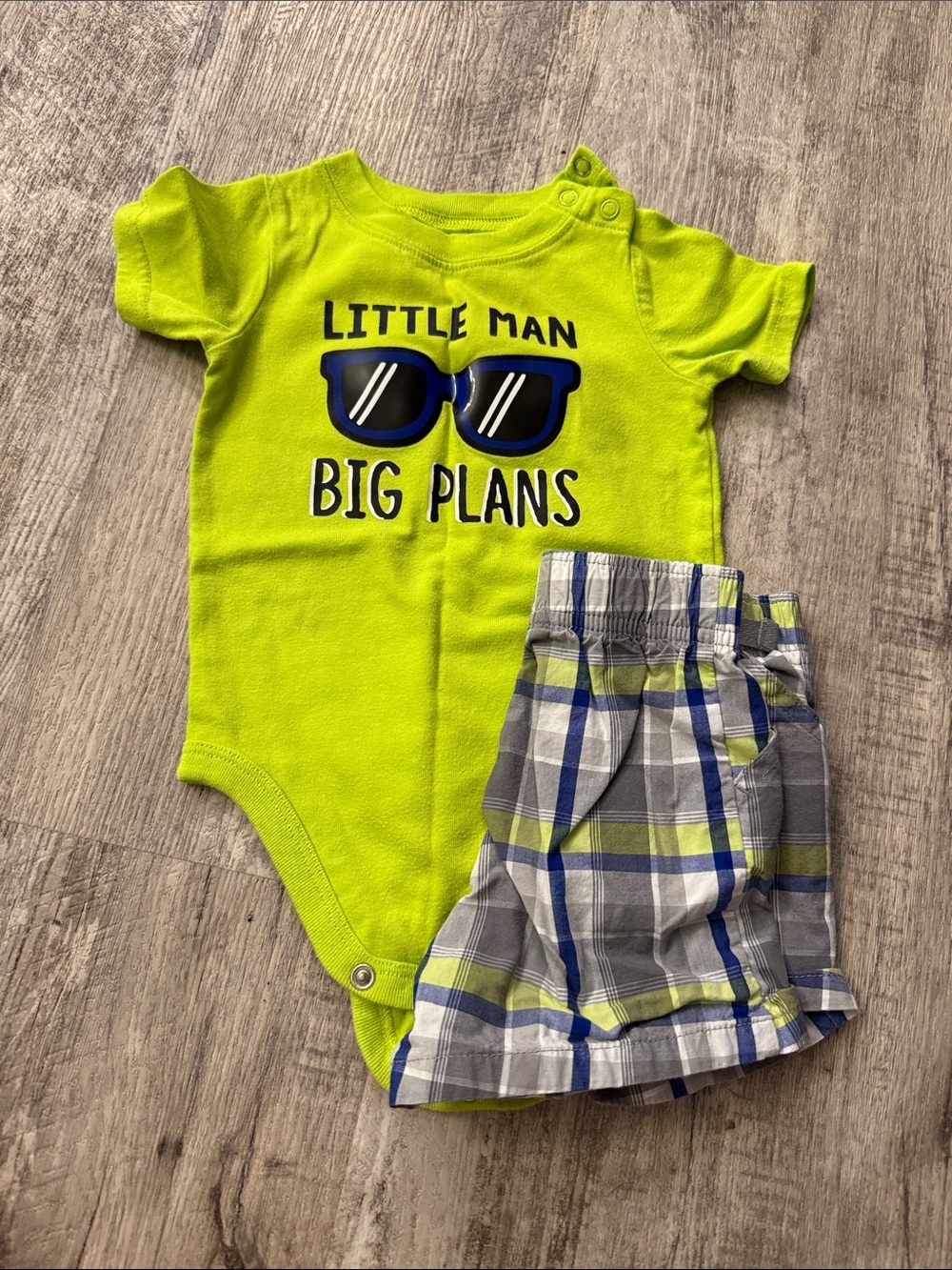 **4 for $15**Little Man Big Plans Lime Green Baby Bodysuit & Plaid Shorts Set